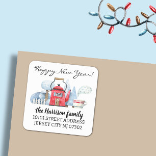 Pegatina Cuadrada Navidades de acuarela de dirección de retorno Casa