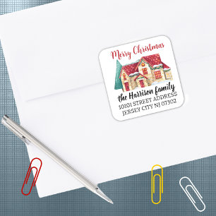 Pegatina Cuadrada Navidades de acuarela de dirección de retorno Casa