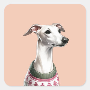 Pegatina Cuadrada Navidades de acuarela de Greyhound de Italia