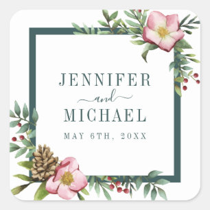 Pegatina Cuadrada Navidades de acuarela de invierno Subió los verdes