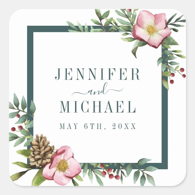 Pegatina Cuadrada Navidades de acuarela de invierno Subió los verdes (Anverso)