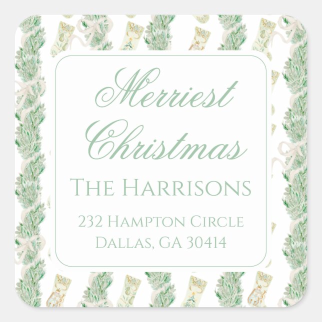 Pegatina Cuadrada Navidades de acuarela Garland Bedford Stockings (Anverso)