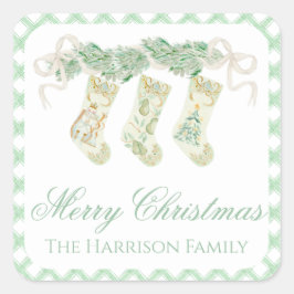 Pegatina Cuadrada Navidades de acuarela Garland Stockings Vintage