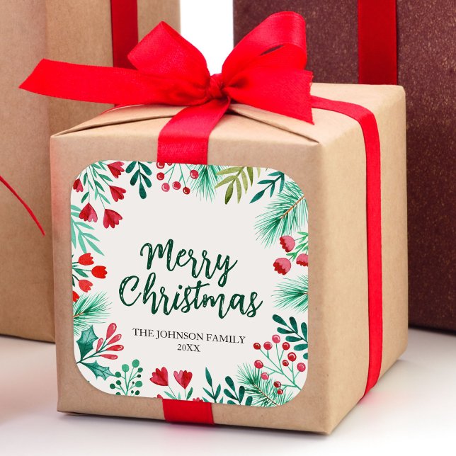 Pegatina Cuadrada Navidades de acuarela Holly y familia Berries (Watercolor Christmas Winter Wreath with Holly Square Sticker)