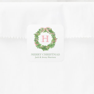 Pegatina Cuadrada Navidades de acuarela Monograma Barrido de Wreath