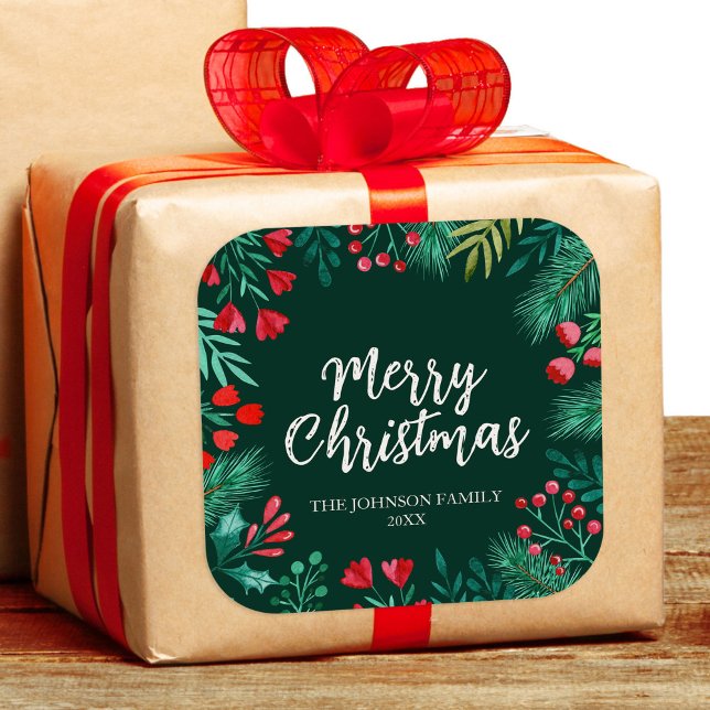 Pegatina Cuadrada Navidades de acuarela Wreath con Holly (Watercolor Christmas Winter Wreath with Holly Square Sticker)