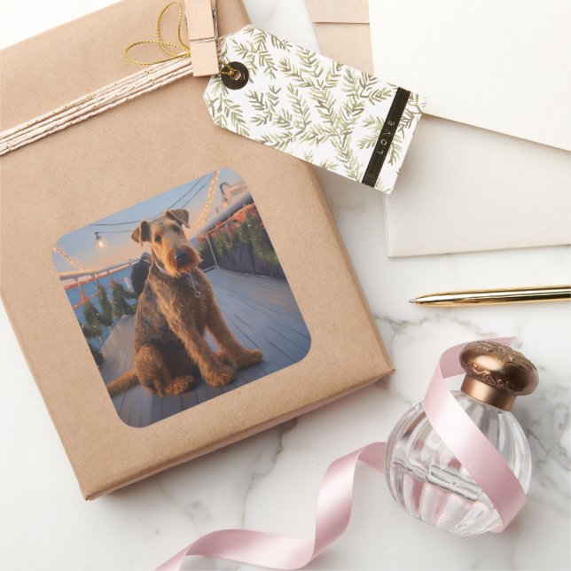Pegatina Cuadrada Navidades de Airedale en crucero: Atractiva fiesta (Regalar)