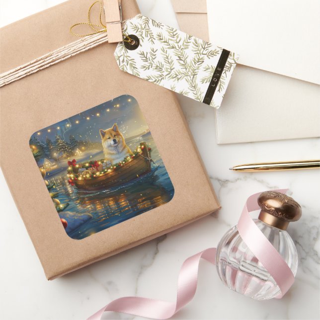 Pegatina Cuadrada Navidades de Akita norteamericanos disfrutan de un (Regalar)