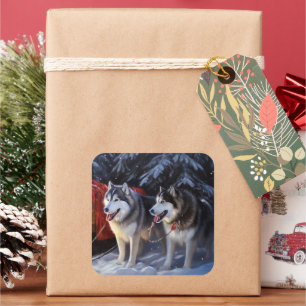 Pegatina Cuadrada Navidades de Alaskan Malamute Snowy Sleigh Ride