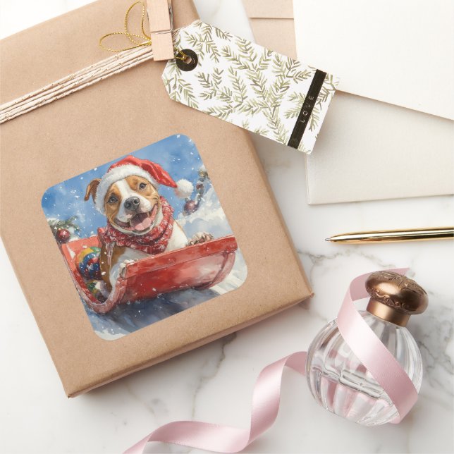 Pegatina Cuadrada Navidades de American Staffordshire en Sledge (Regalar)