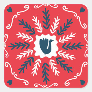 Pegatina Cuadrada Navidades de arte Folk Doodle Tile