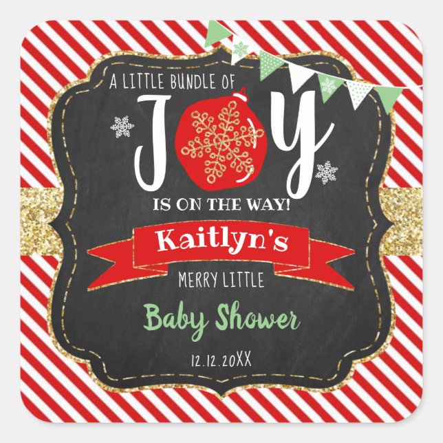 Pegatina Cuadrada navidades de Baby Shower "Little Bundle Of Joy" (Anverso)