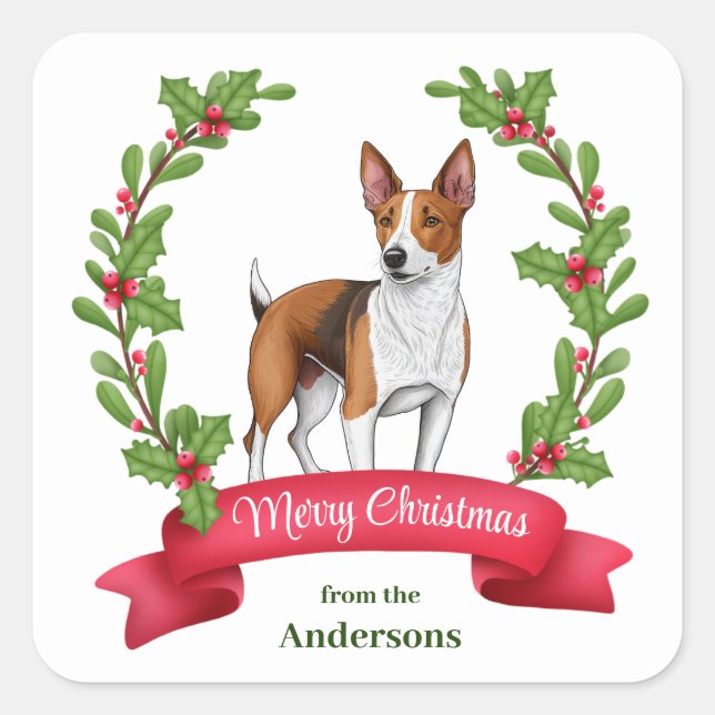 Pegatina Cuadrada Navidades de Banner de Basenji Dog Holly (Anverso)