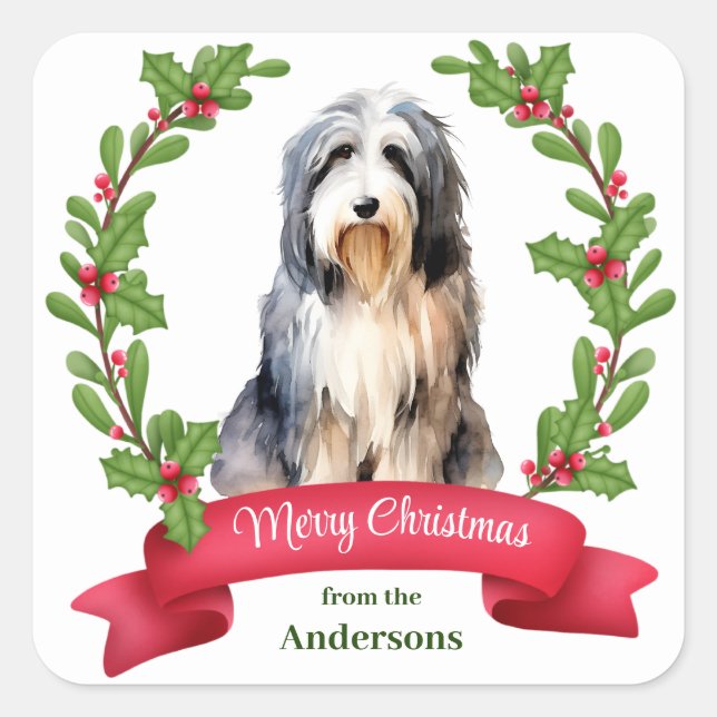 Pegatina Cuadrada Navidades de Banner de Collie Dog Holly con barba (Anverso)
