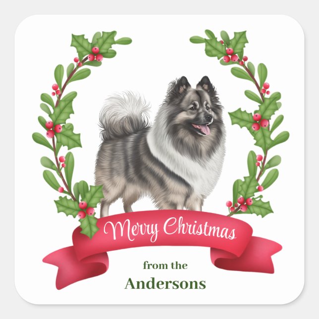 Pegatina Cuadrada Navidades de Banner de Keeshond Dog Holly (Anverso)