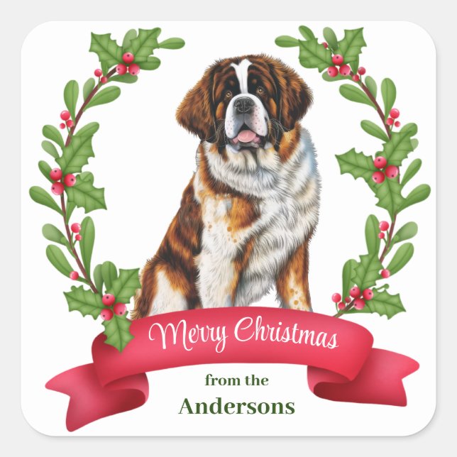 Pegatina Cuadrada Navidades de Banner de Saint Bernard Dog Holly (Anverso)