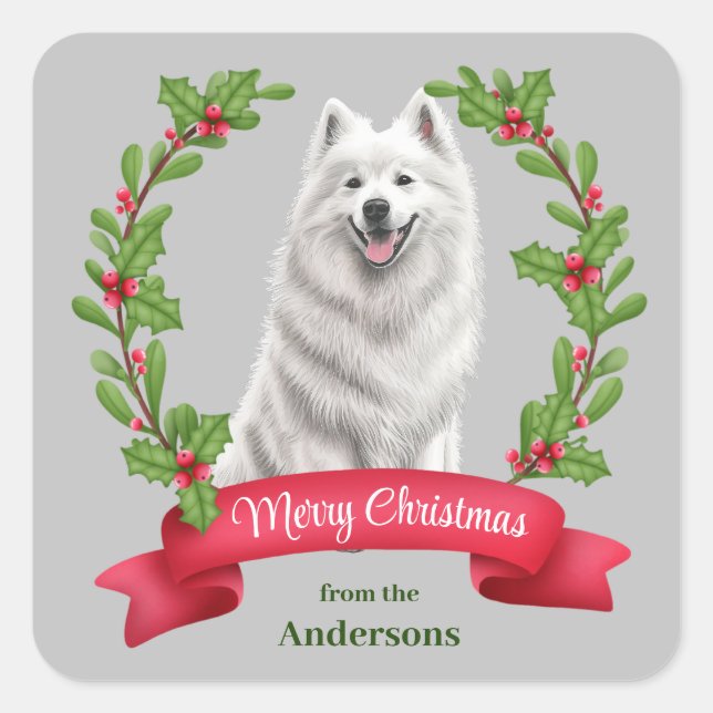 Pegatina Cuadrada Navidades de Banner de Samoyed Dog Holly (Anverso)