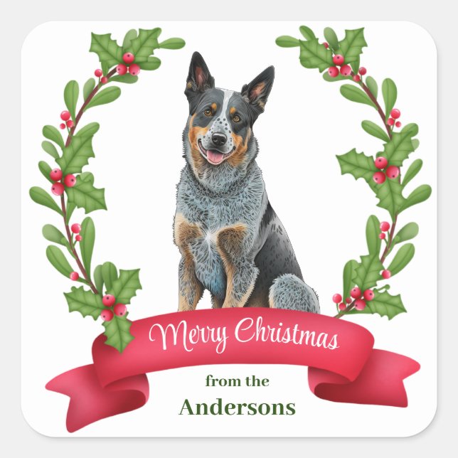 Pegatina Cuadrada Navidades de Banners de Australian Cattle Dog Holl (Anverso)