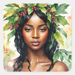 Pegatina Cuadrada Navidades de Black Woman Holly Watercolor Art