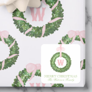 Pegatina Cuadrada Navidades De Bow Rosado Monograma Caja De Vocas