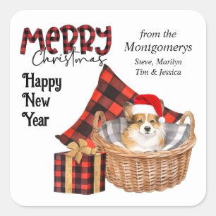 Pegatina Cuadrada Navidades de Buffalo Plaid Corgi Puppy