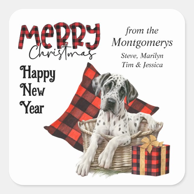 Pegatina Cuadrada Navidades de Buffalo Plaid Great Dane Puppy (Anverso)