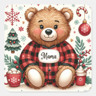 Pegatina Cuadrada Navidades de Buffalo Plaid Mama Bear