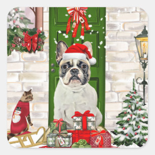 Pegatina Cuadrada Navidades de Bulldog de Francia