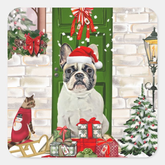 Pegatina Cuadrada Navidades de Bulldog de Francia (Anverso)
