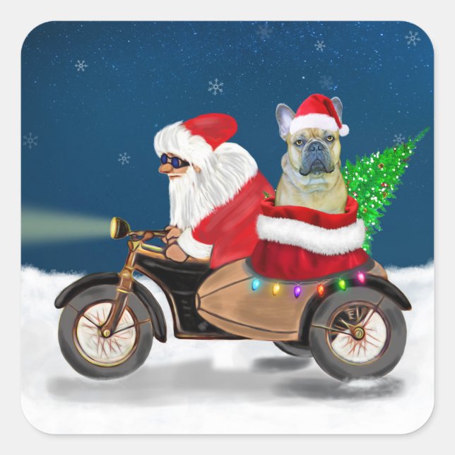 Pegatina Cuadrada Navidades de Bulldog de Francia Santa Claus (Anverso)