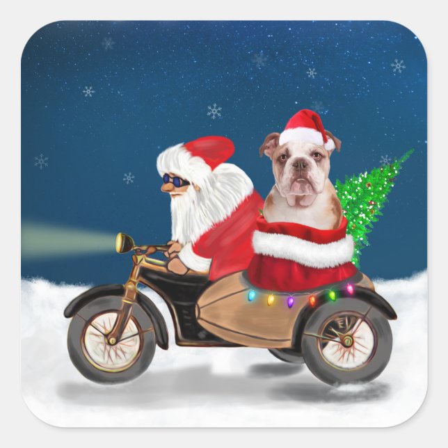 Pegatina Cuadrada Navidades de Bulldog de Inglaterra Santa Claus (Anverso)