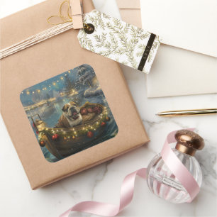 Pegatina Cuadrada Navidades de bulldog de vacaciones