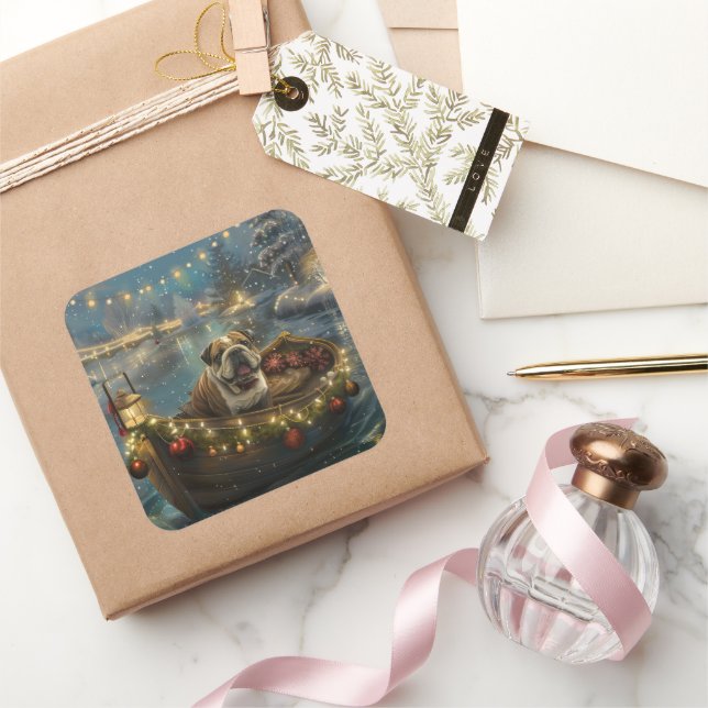 Pegatina Cuadrada Navidades de bulldog de vacaciones (Regalar)