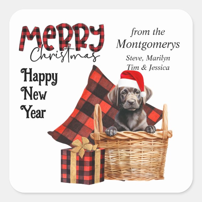 Pegatina Cuadrada Navidades De Cachorros De Búfalo Plaid Labrador Re (Anverso)