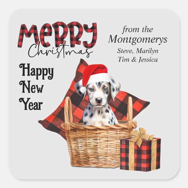 Pegatina Cuadrada Navidades de Cachorros de Buffalo Plaid Dalmatian (Anverso)