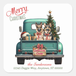 Pegatina Cuadrada Navidades de Camión Retro de Perros de Pastor Alem