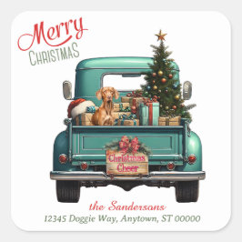 Pegatina Cuadrada Navidades de Camiones Retro de Perro Vizsla