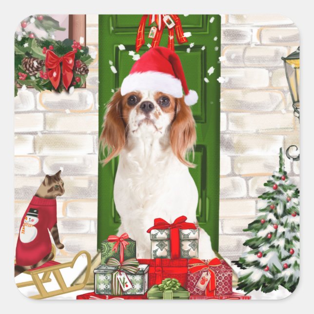 Pegatina Cuadrada Navidades de Cavalier King Dog (Anverso)