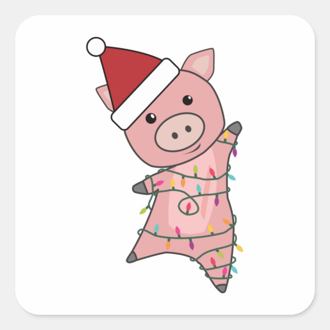Pegatina Cuadrada Navidades De Cerdo Lámparas De Hada Cutan Animales (Anverso)
