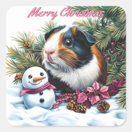 Pegatina Cuadrada Navidades de cerdo y snowman de Guinea