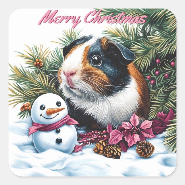 Pegatina Cuadrada Navidades de cerdo y snowman de Guinea (Anverso)