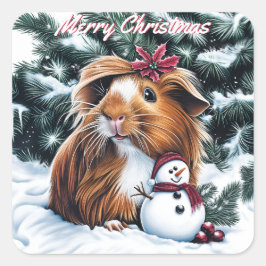 Pegatina Cuadrada Navidades de cerdo y snowman de Guinea