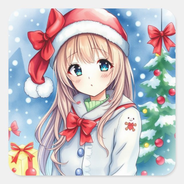 Pegatina Cuadrada Navidades de Chicas de anime festivos (Anverso)