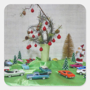 Pegatina Cuadrada Navidades de coches clásicos