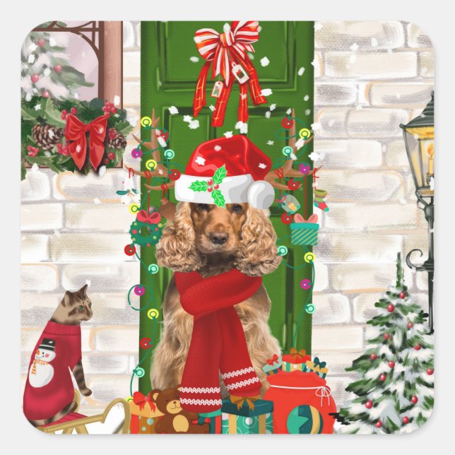 Pegatina Cuadrada Navidades de Cocker Spaniel Dog (Anverso)
