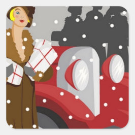 Pegatina Cuadrada Navidades de compras en la nieve