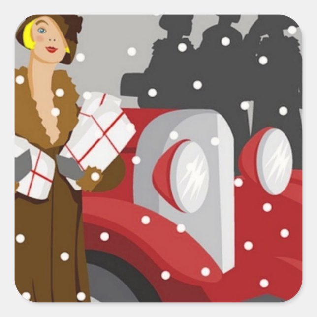 Pegatina Cuadrada Navidades de compras en la nieve (Anverso)