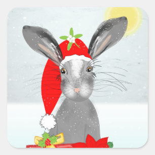 Pegatina Cuadrada Navidades de conejo lindo tema de vacaciones