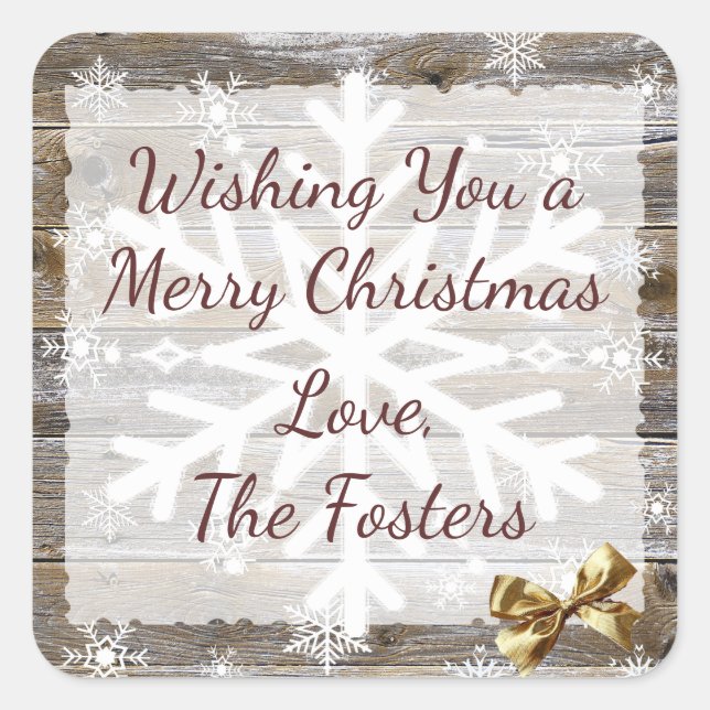 Pegatina Cuadrada Navidades de copos de nieve de madera y oro se tra (Anverso)