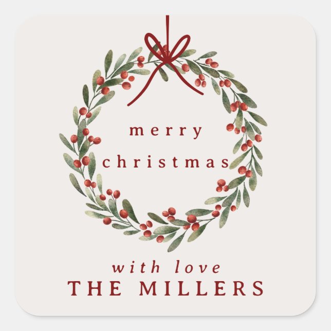 Pegatina Cuadrada Navidades de coraje con arco rojo (Anverso)